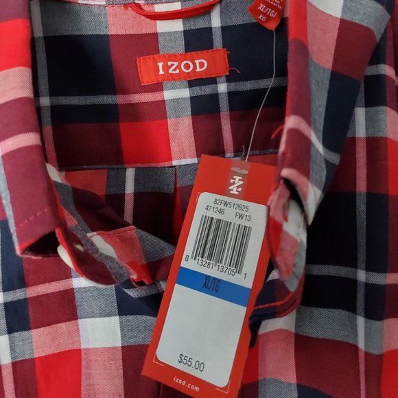 Men's - IZOD Long Sleeve Red and Navy Blue Plaid / Checkered Shirt - NWT - Picture 3 of 6